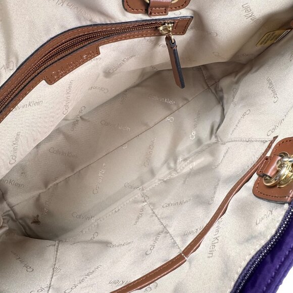 Calvin Klein Quilted Tote Bag Purple Chain Leather Handles Gold Hardware Preppy - Picture 14 of 14